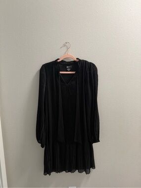DKNY Black Pleated Long-Sleeve Tie-Neck Dress